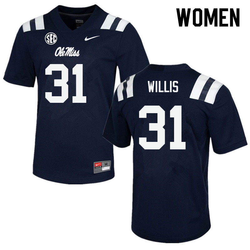 Women #31 Jaron Willis Ole Miss Rebels College Football Jerseys Sale-Navy
